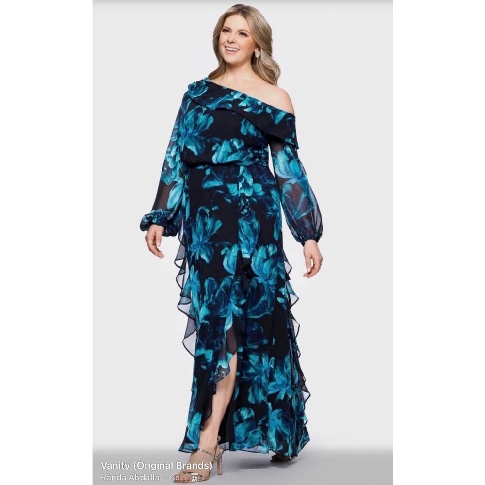 XSCAPE Blue Evening Gown Floral Chiffon Ruffled One Shoulder Maxi Dress Size 16W - Picture 4 of 4